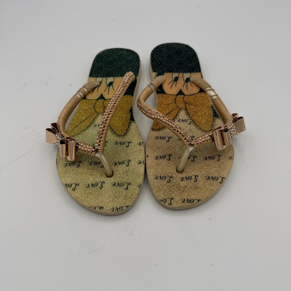 Disney Flip Flops‎ Women Size 37/8 Good Gold Minnie Mouse Rhinestone Bow Sandals